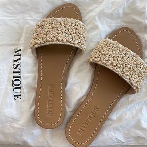 Worn once! Mystique Jeweled Tan Floral Slide Sandals